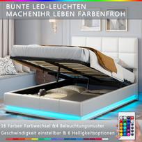 Dvigulė lova 140x190 cm su LED apšvietimu, lova su grotelių pagrindu ir paminkštintu galvūgaliu, vieta daiktams susidėti, suaugusiųjų lova, PU, ​​​​balta