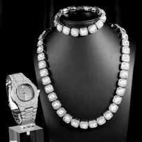 3 vnt. Vario Laikrodžio Papuošalų Rinkinys Iced Out Cukraus Kubelio Grandinėlė+Apyrankė Su Stilingu Įdėtu Deimantu Laikrodis Vyrams Moterims Madingas vakarėlio dovana