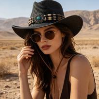 Large Brim Western Cowboy Hat Double Concave Top Beach Sun Hat Classic Straw Sun Hat  for Men,Women juoda