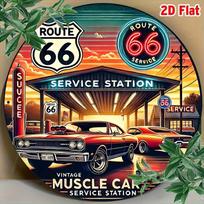 Vintage American Retro Route  Service Station HD Metal Tin Sign  Classic Muscle Car Gas Station with Neon Sign  Sunset Sky D 20x20cm(8x8inch)