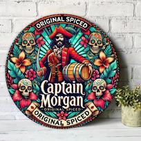 Vibrant Captain Morgan Original Spiced Rum HD Print Metal Tin Sign  Featuring Retro Pirate with Eyepatch Tricorn Hat  Oak Bar 20x20cm(8x8inch)