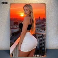 D Flat Sexy Girl Sunset Cityscape Metal Sign Aesthetic Wall Art Poster For Home Gym Cafe Bar Decor 20x30cm（7.8x11.8inch）