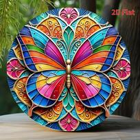 Colorful Stained Glass Style Butterfly Mandala Round Metal Sign D Flat Printed Vibrant Rainbow Art Tin Plaque Bohemian Whimsi 20x20cm(8x8inch)