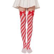 Christmas Plush Top Cuffs Thigh High Socks Cosplay Party Multicolored Striped Print Over Knee Long Stockings for Womens raudona