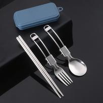 Picnic Cutlery Camping Utensil Easy Storage Foldable Design Safe And Secure Spoon Chopsticks Fork Set Stainless Steel mėlyna