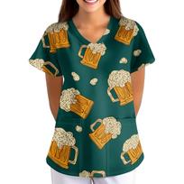 Women's Oktoberfest Print V-Neck Short Sleeve Scrub Top with Pockets, Loose Fit M tamsiai mėlyna