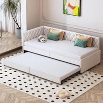 Dieninė lova 90x200 cm, ištraukiama sofa lova suaugusiems, aksominė lova, svečių lova dviem žmonėms, lova su lamelėmis, prailginama sofa lova, smėlio spalva