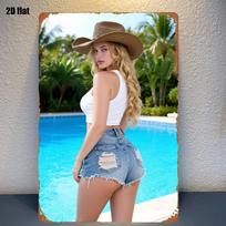 D Flat Sexy Girl In Cowboy Hat And Denim Shorts By Pool Metal Sign Summer Beach Aesthetic Wall Art Poster For Home Cafe Decor 20x30cm（7.8x11.8inch）