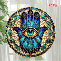 Skardinis ženklas Hamsa ranka bloga akis vitražo stiliaus metalinė plokštelė sienos dekoras vintažinis dvasinis namų biuro svetainės sienos menas 20x20cm(8x8inch) blue