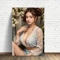 HD Metalinė skardinė lentelė Elegantiška azijietė šviesiai mėlyna nėriniuota gėlėta suknia Baltų žiedų sodo scena Vintažinė sienos meno plokštelė Retro 20x30cm（7.8x11.8inch）