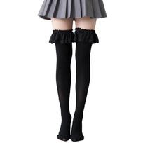 1 Pair Solid Color Thigh Highs Stockings with Ruffle Lace Trim for Women Lolita juoda