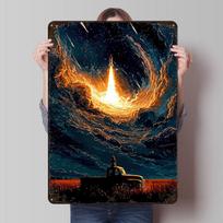 Rocket Launch Night Printed Poster Customized Wall Art Retro Vintage Metal Tin Signs for Room Decoration Bedroom Decorations 20x30cm（7.8x11.8inch）