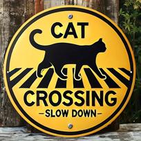 pc Vintage Cat Crossing Road Warning Sign   Inch Round Aluminum Metal Slow Down Sign with Black Cat Silhouette  Yellow 20x20cm(8x8inch)
