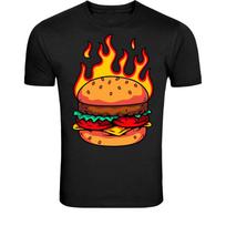 Flaming Burger Food Lover T-Shirt - Funny Fast Food Graphic Tee M