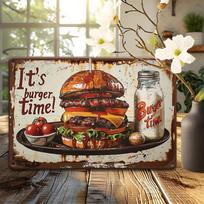 It's Burger Time!  Vintage Metal Tin Sign | 12 x8  Rustic Iron Decor | 2D Flat Wall Art for Home Bar, Kitchen, Cafe 20x30cm（7.8x11.8inch）