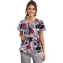 Women's Printing Short Sleeve V-neck Tops Working Uniform Pocket Blouse L