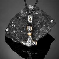 Men's Stainless Steel Gold Plated Norse Runes Mjolnir Pendant Viking Anchor Amulet Necklace 60CM