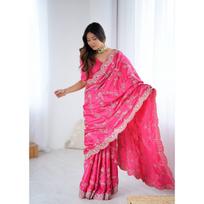 New Launch – Luxury Japan Satin Silk Saree with Coding & Sequins Embroidery Work giliai rausva spalva