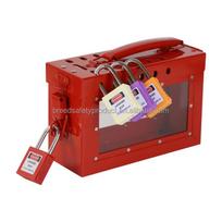 Custom Portable Group Lock Box with Transparent Viewing Window Safety Steel Lock Station with 12 Padlock Holes and Steel Handle (Red,Steel&Empty box) raudona