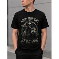 Men's Black Short Sleeve T-Shirt with Grim Reaper Graphic, German Text  Nicht Mein Tod Ich Bestimme , Crew Neck, Soft Cotton Feel, Edgy Streetwear S juoda