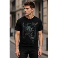 Men's Norse Viking Graphic T-Shirt with Wolf & Raven Print, Short Sleeve Crew Neck Tee in Soft Cotton Blend for Casual Streetwear Style S juoda