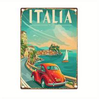 HD Metalinė skardinė lentelė Italia Vintažinis kelionių plakatas Metalinė sienos dailė Retro Italijos pakrantės automobilio dekoras namams, barui 20x30cm（7.8x11.8inch） beige