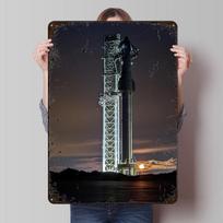 SpaceX Starship At Night With Launch Tower Printed Poster Customized Wall Art Retro Vintage Metal Tin Signs for Room Desk Decor 20x30cm（7.8x11.8inch）