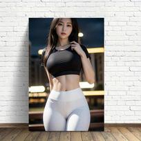 HD Metalinis skardinis ženklas Fitnesas Azijietė Juodame trumpame top'e Baltose tamprėse Pozuoja naktį Vintažinis sienos meno dekoras namams, barui, vyrui 20x30cm（7.8x11.8inch）
