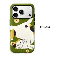 Olive Green Base Minimal Cartoon Calico Cat Small Flower Print Shockproof Phone Case Cute Pet Lover Gift For iPhone 17 16 15 14 13 12 11 Pro Max IPHONE17PROMAX