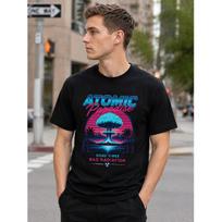 Men's Retro Atomic Paradise Graphic Tee, Short Sleeve Crew Neck Cotton Blend Shirt with Neon Sunset Mushroom Cloud Print for Casual Streetwear S juoda