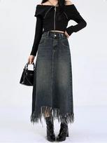 Retro Denim A-line Skirt for Women Fashion Tassel Edge High-waist Midi Skirt Korean Style Clothing Spring Autumn S