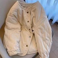 Korean Style  Corduroy Mosaic Floral Diamond Padded Jacket Coat Women's Winter Loose Wild Clothes S