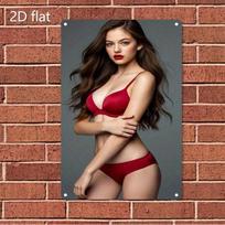 HD Metal Tin Sign Sexy Red Lingerie Girl Portrait Metal Wall Art Vintage D Flat Metal Poster Trendy Fashion Model Photo Wall 20x30cm（7.8x11.8inch）