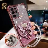Blizgantis drugelis veidrodinis krištolinis apyrankės dėklas, skirtas Samsung Galaxy S25 Edge S24 S23 S22 S21 S20 FE Ultra Plus, atsparus smūgiams dangtelis Galaxy S25 Edge rožinė