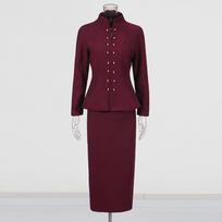French Retro Elegant Style Suit Standing Collar Waist Invisible Hook Button Coat High Skirt Women's S