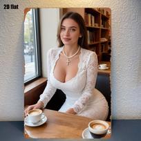 HD Metalinis skardinis ženklas Elegantiška moteris baltos nėriniais suknelės su perliniu kryžiaus karoliais pozuoja jaukiame kavos bare su latte art Vintažinis 20x30cm（7.8x11.8inch）