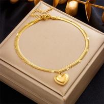 Gold Tone Double Layer Herringbone Chain Love Heart Charm Anklet auksas