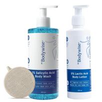 Be Bodywise 1% Salicylic Acid Bodywash 375 mL with Loofah & 5% Lactic Acid Lotion 200 mL for Women | Helps to Prevent Body Acne, Cleanses Skin & No