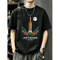 Artemis 2026 Space Rocket Launch T-Shirt Black Moon And Flame Design for Men Casual Streetwear Fashion S juoda