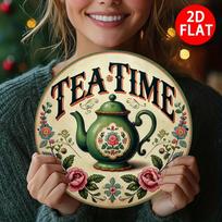 Tea Time Vintage Floral Teapot Round Metal Tin Sign Retro Kitchen Wall Plaque for Home Decor 20x20cm(8x8inch)