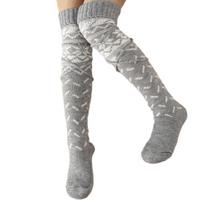 Christmas Snowflake Print Thigh High Socks with Bandage for Womens Knitted Long Over the Knee Long Stockings Leg Warmers pilka spalva