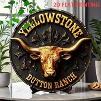 Yellowstone Dutton Ranch Longhorno Jautis Apvalus Metalinis Ženklas D Plokščiai Spausdintas Vakarų Stiliaus Menas Skardos Plokštelė Vintažinis Juodas ir Auksinis Di 20x20cm(8x8inch)