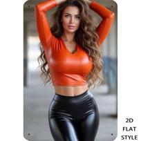 HD metalinis skardinis ženklas Nuostabi garbanotaplaukė moteris oranžiniame odiniame trumpame viršuje  Juodos odinės kelnės Lauko scena Vintažinis sienos menas Pl 20x30cm（7.8x11.8inch）