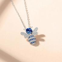 New Luxury Fashion Blue Honey Bee Pendant Necklace for Women Paved Sparkling Cubic Zirconia Cute Accessories Wedding Jewelry 45cm