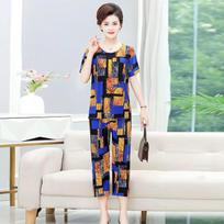 Mom's Ice Silk Spring Plus-Size Elastic Short-Sleeve Two-Piece Set for Women: Casual Home Wear for Middle-Aged and Elderly 4XL [135-155 lbs]