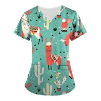 Womens T-Shirts Medical Nursing Uniform Cute Animals Print V-Neck Short Sleeve T Shirt Tops With Pocket Women's Work Wear 3XL