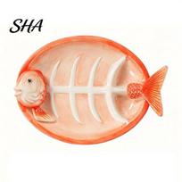 Elegant Sushi Presentation Dish Fish Shaped Ceramic Dumpling Plate, Serving Tray with Raised Bone Design Plate Dip Sauce Grooves, Multifunctional oranžinė