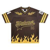 Caesar style American hip hop retro contrasting color flame printing V-neck short-sleeved T-shirt for men and women can wear loose trendy brand half-s M tamsiai ruda spalva