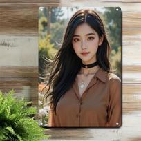 Korean Woman in Brown Shirt with Black Choker Vintage Metal Tin Sign 20x30cm（7.8x11.8inch）