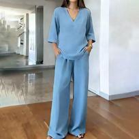 Women's Color V-Neck Three-Quarter Sleeve Straight Leg Two-Piece Casual Set for Spring XL mėlyna